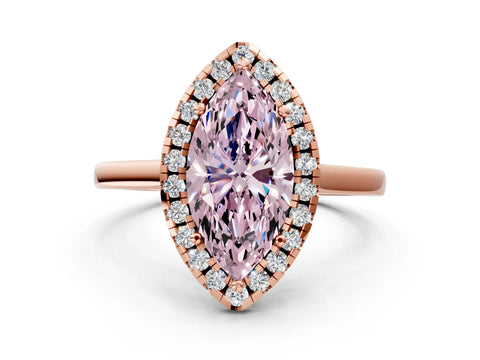 Rose gold Fancy Pink Marquise Cut Halo Round Diamond Solitaire Ring with Pavé Band and Four-Prong Setting