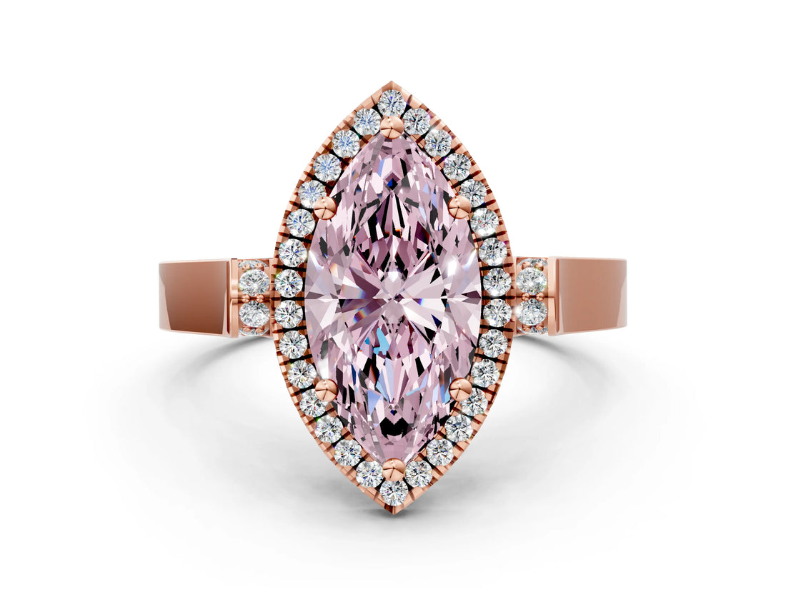 Rose gold Fancy Pink Marquise Cut Halo Round Diamond Twist Band with Four-Prong Setting