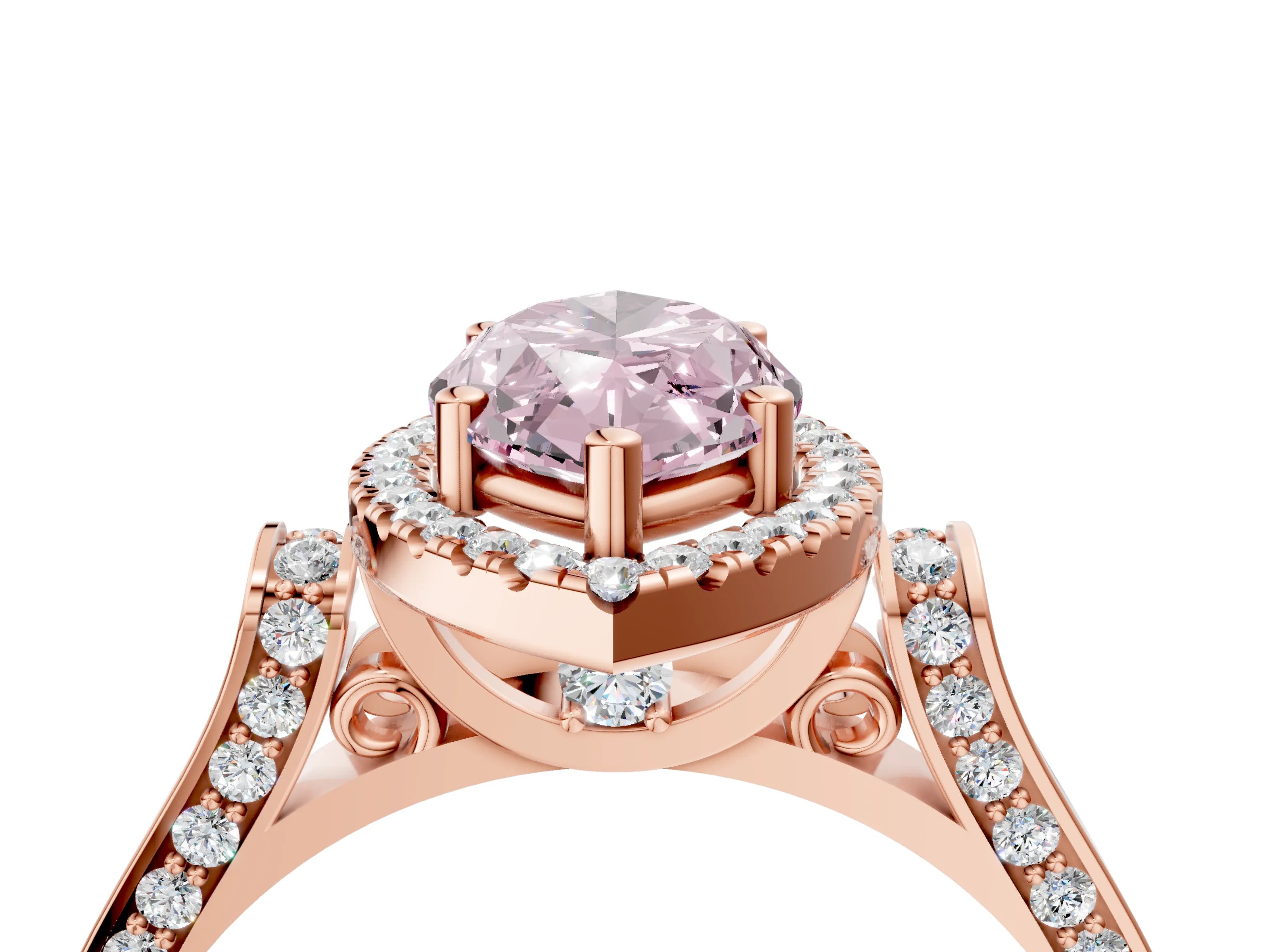 Rose gold Fancy Pink Marquise Cut Halo Round Diamond Twist Band with Four-Prong Setting_4