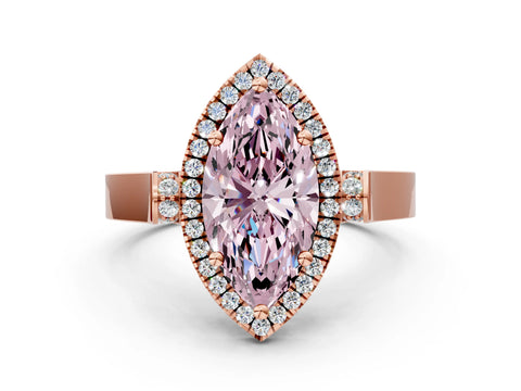 Rose gold Fancy Pink Marquise Cut Halo Round Diamond Twist Band with Four-Prong Setting