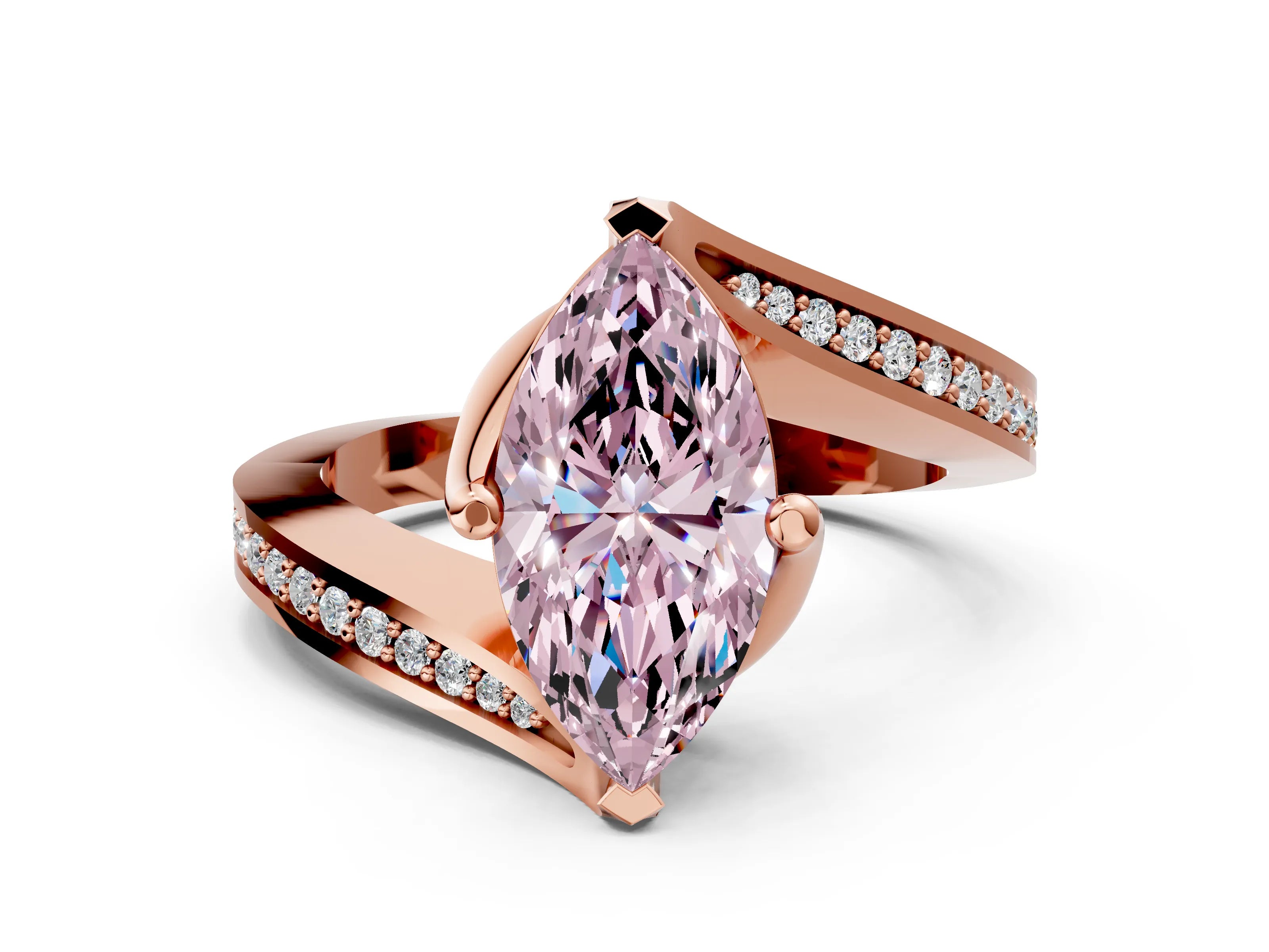 Rose gold Fancy Pink Marquise Cut Solitaire Diamond Twist Band with Pavé Setting and Four-Prong Setting