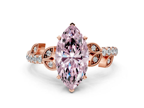 Rose gold Fancy Pink Marquise Cut Solitaire Leaf-Inspired Diamond Ring with Pavé Band and Four-Prong Setting