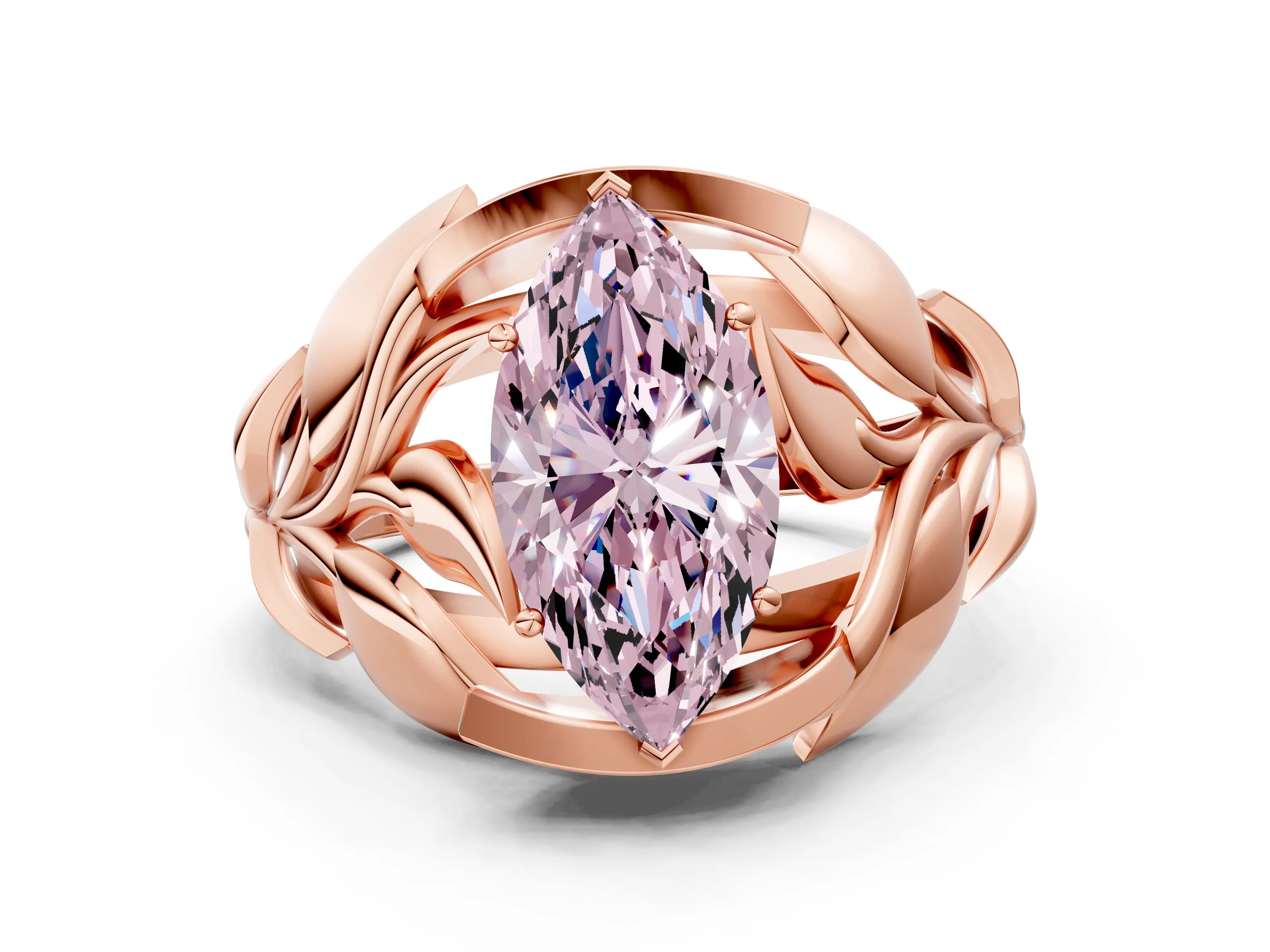 Rose gold Fancy Pink Marquise Cut Solitaire Leaf-Inspired Engagement Ring with Prong Setting