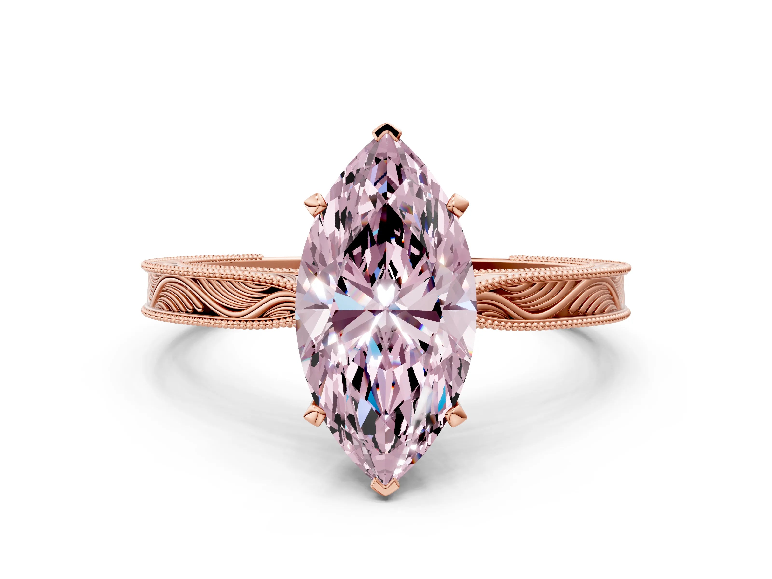 Rose gold Fancy Pink Marquise Cut Solitaire Milgrain Engraved Band with Four-Prong Setting