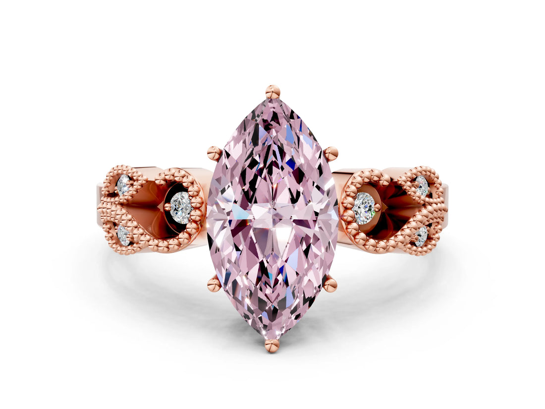 Rose gold Fancy Pink Marquise Cut Solitaire Milgrain Leaf Band with Prong Setting