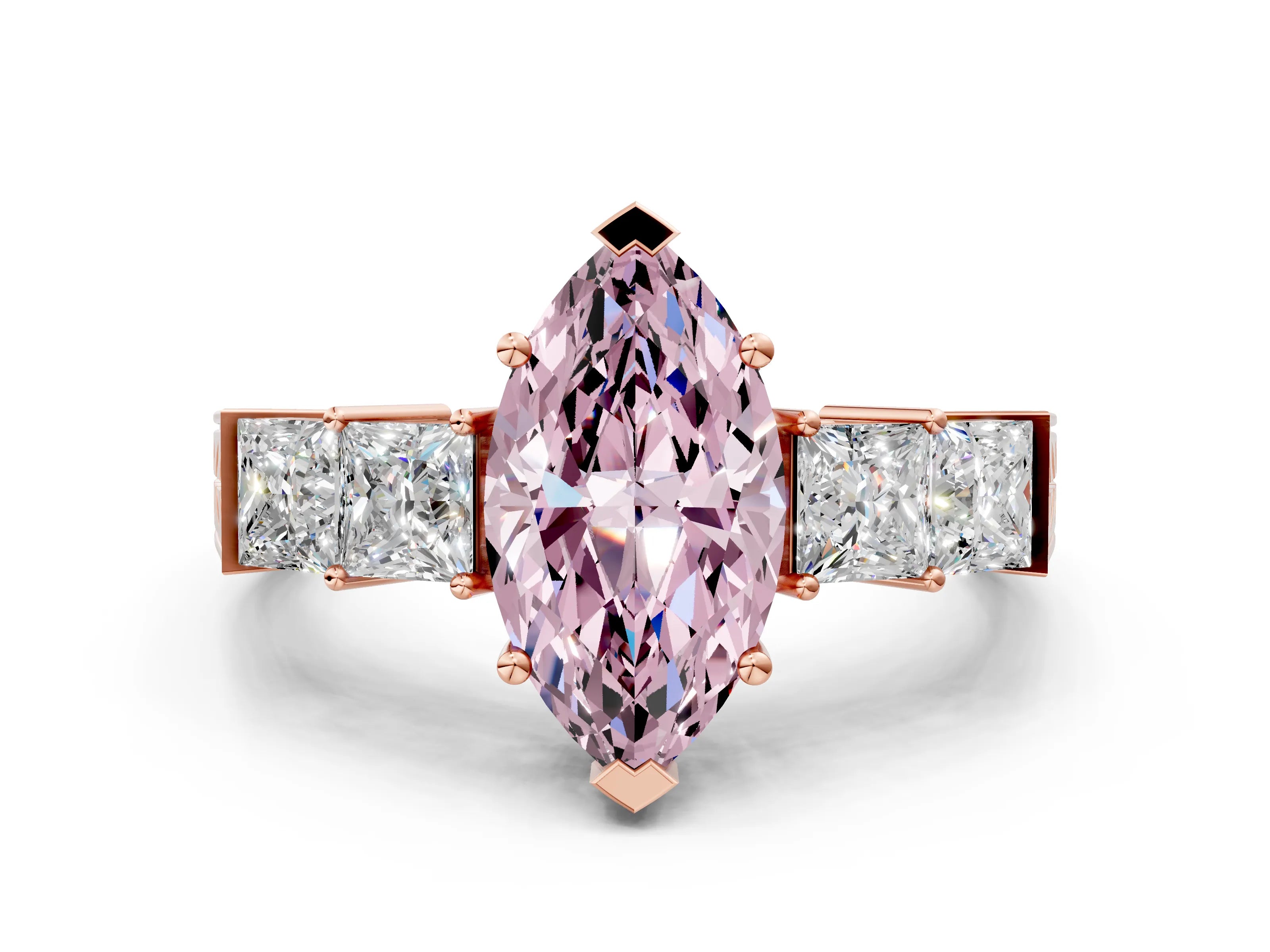 Rose gold Fancy Pink Marquise Cut Solitaire Princess Side Stone Engraved Band Prong Setting Ring