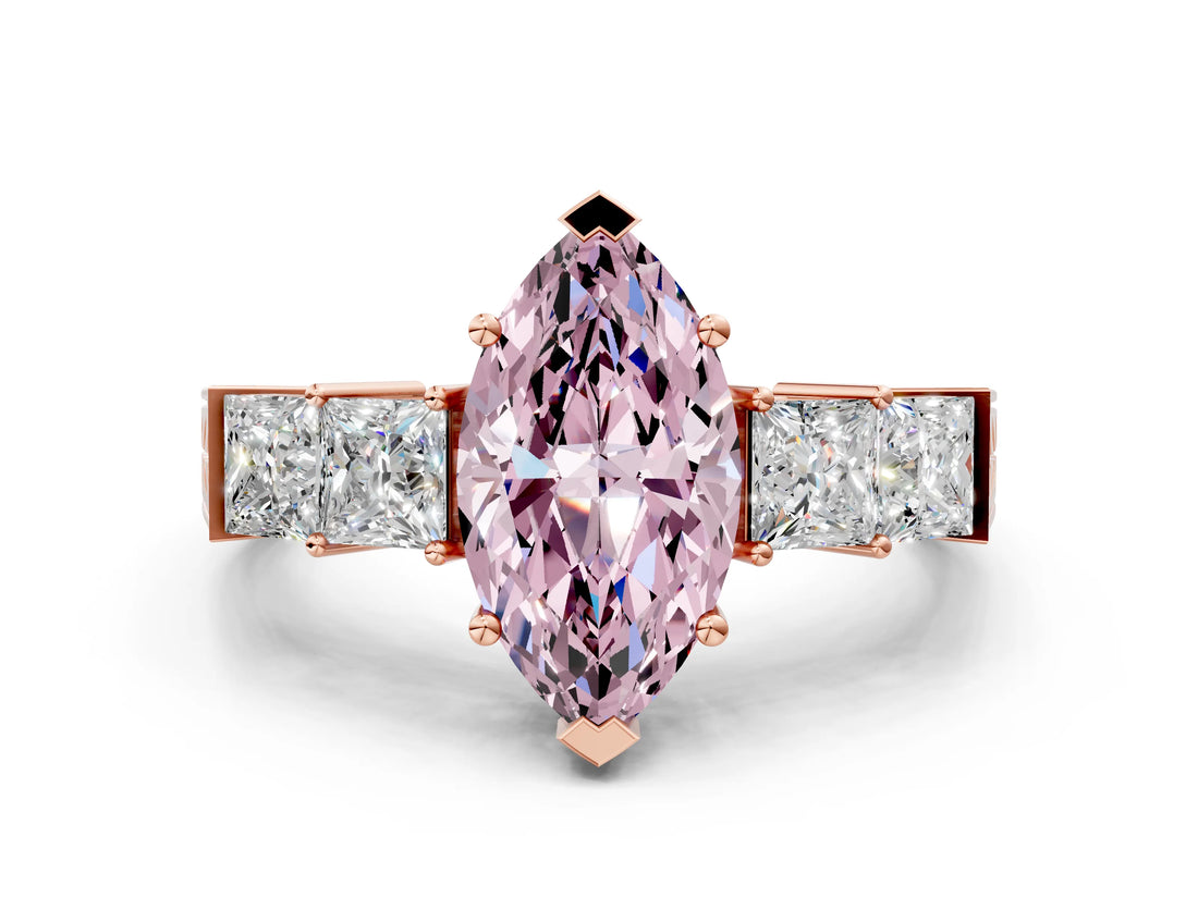Rose gold Fancy Pink Marquise Cut Solitaire Princess Side Stone Engraved Band Prong Setting Ring