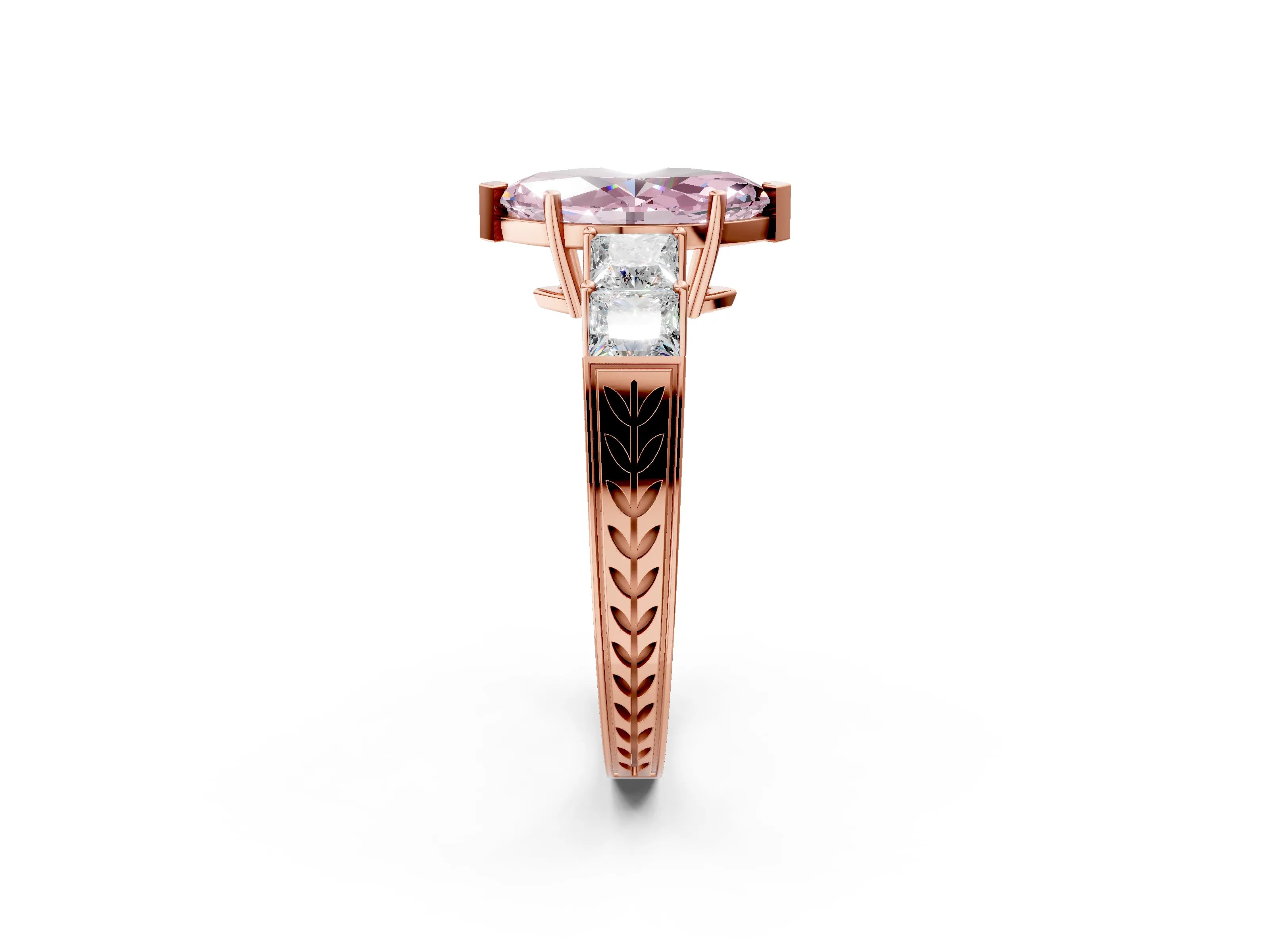 Rose gold Fancy Pink Marquise Cut Solitaire Princess Side Stone Engraved Band Prong Setting Ring_2