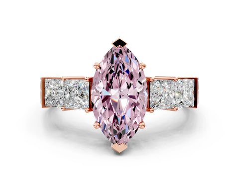 Rose gold Fancy Pink Marquise Cut Solitaire Princess Side Stone Engraved Band Prong Setting Ring