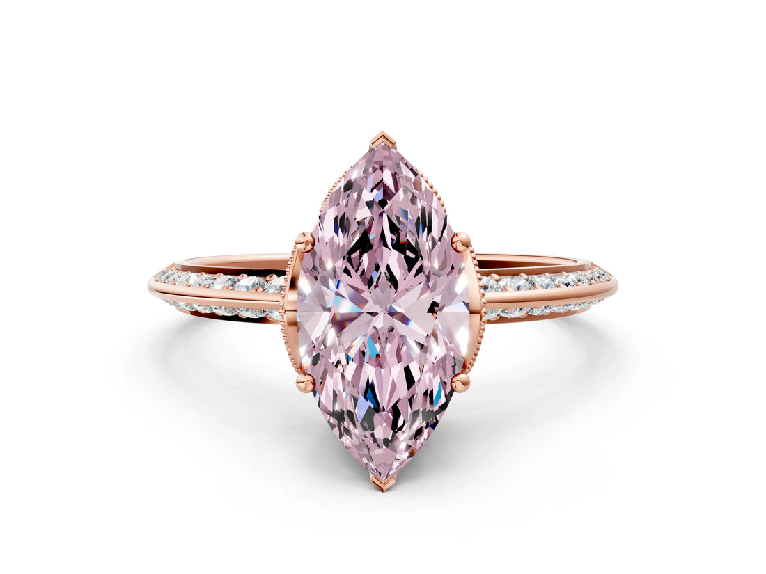 Rose gold Fancy Pink Marquise Cut Solitaire Split Shank Pave Diamond Engagement Ring with Four-Prong Setting