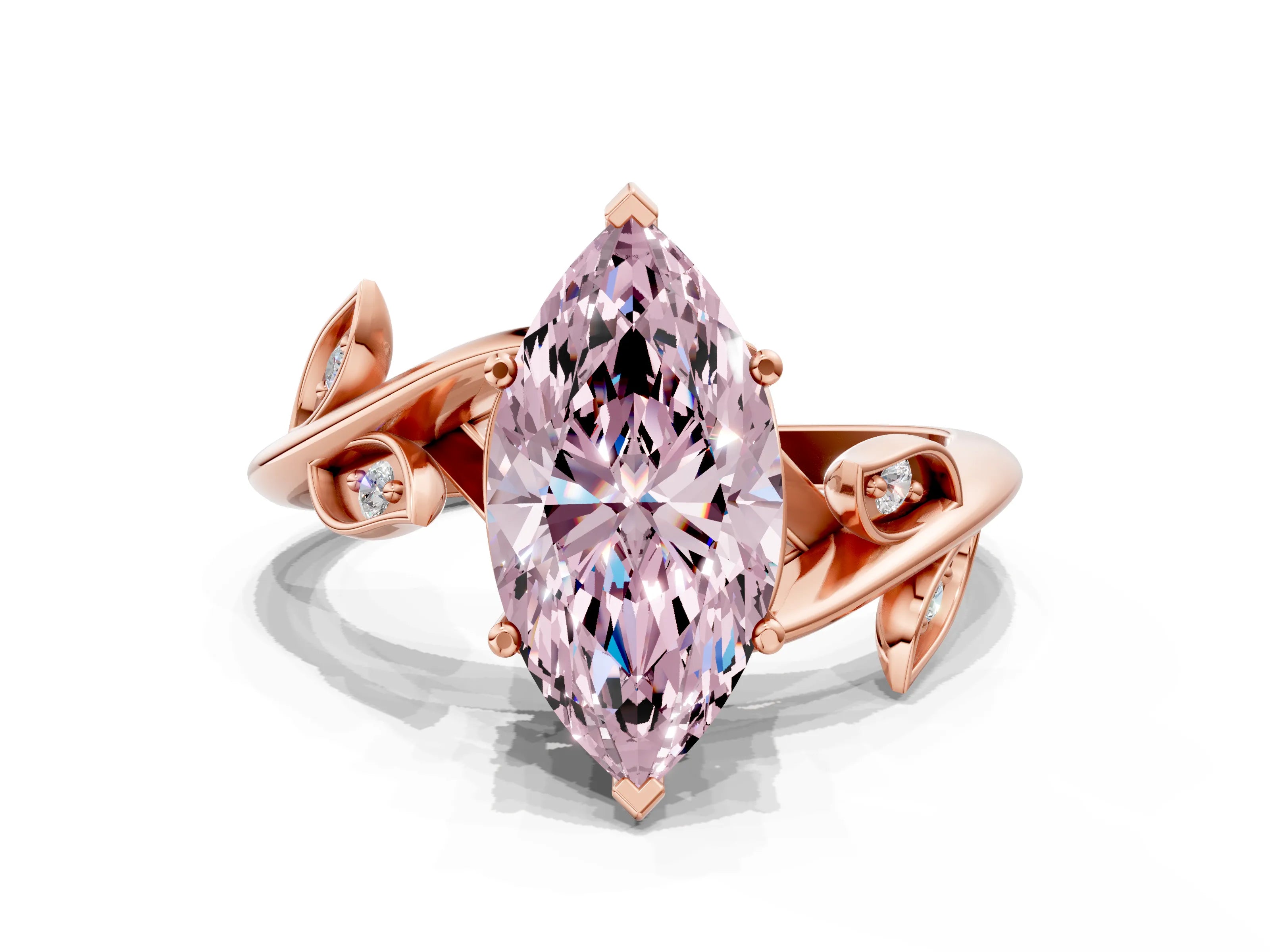 Rose gold Fancy Pink Marquise Cut Solitaire Twist Engagement Ring with Leaf Accents and Prong Setting