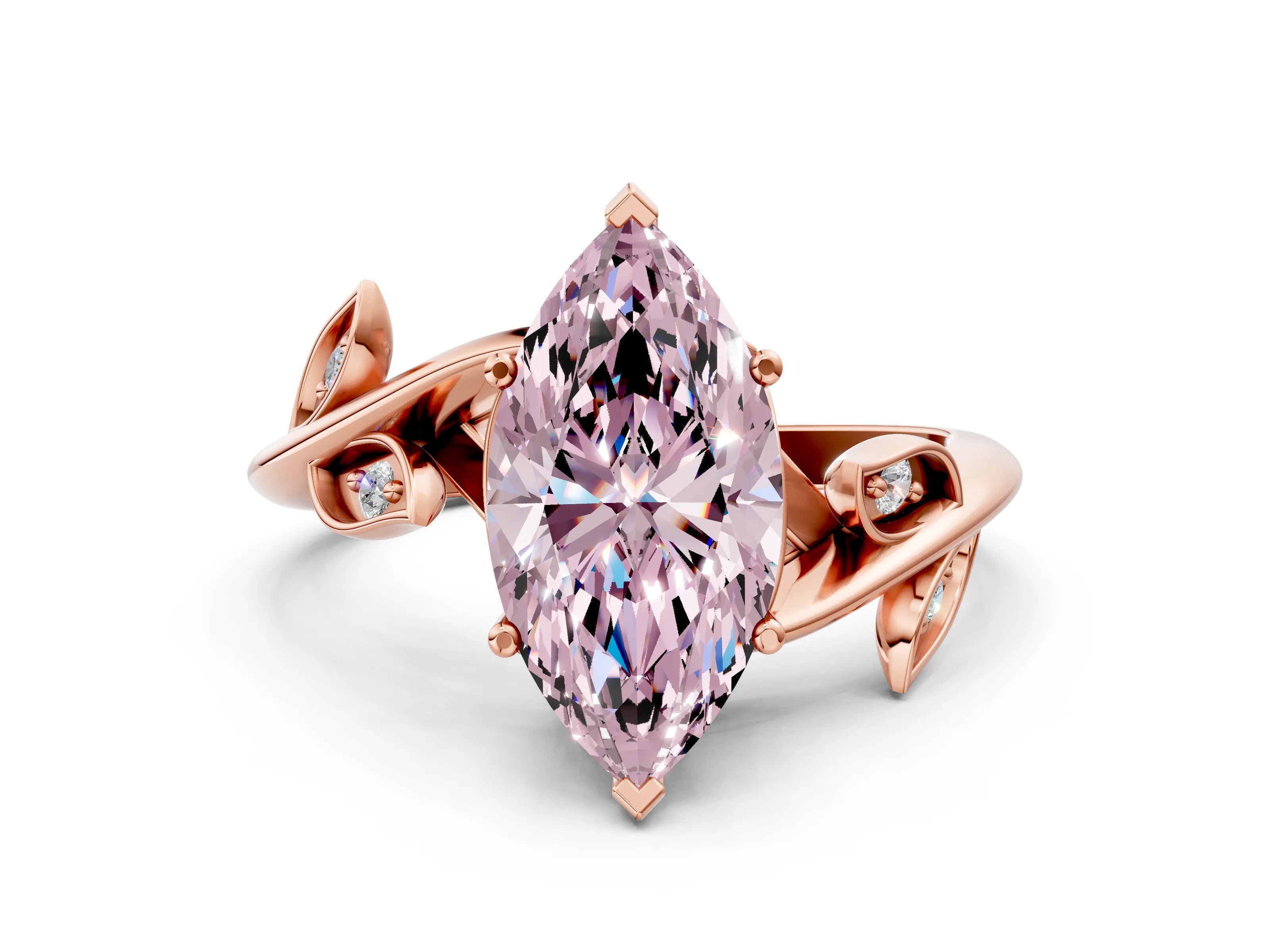 Rose gold Fancy Pink Marquise Cut Solitaire Twist Engagement Ring with Leaf Accents and Prong Setting_12