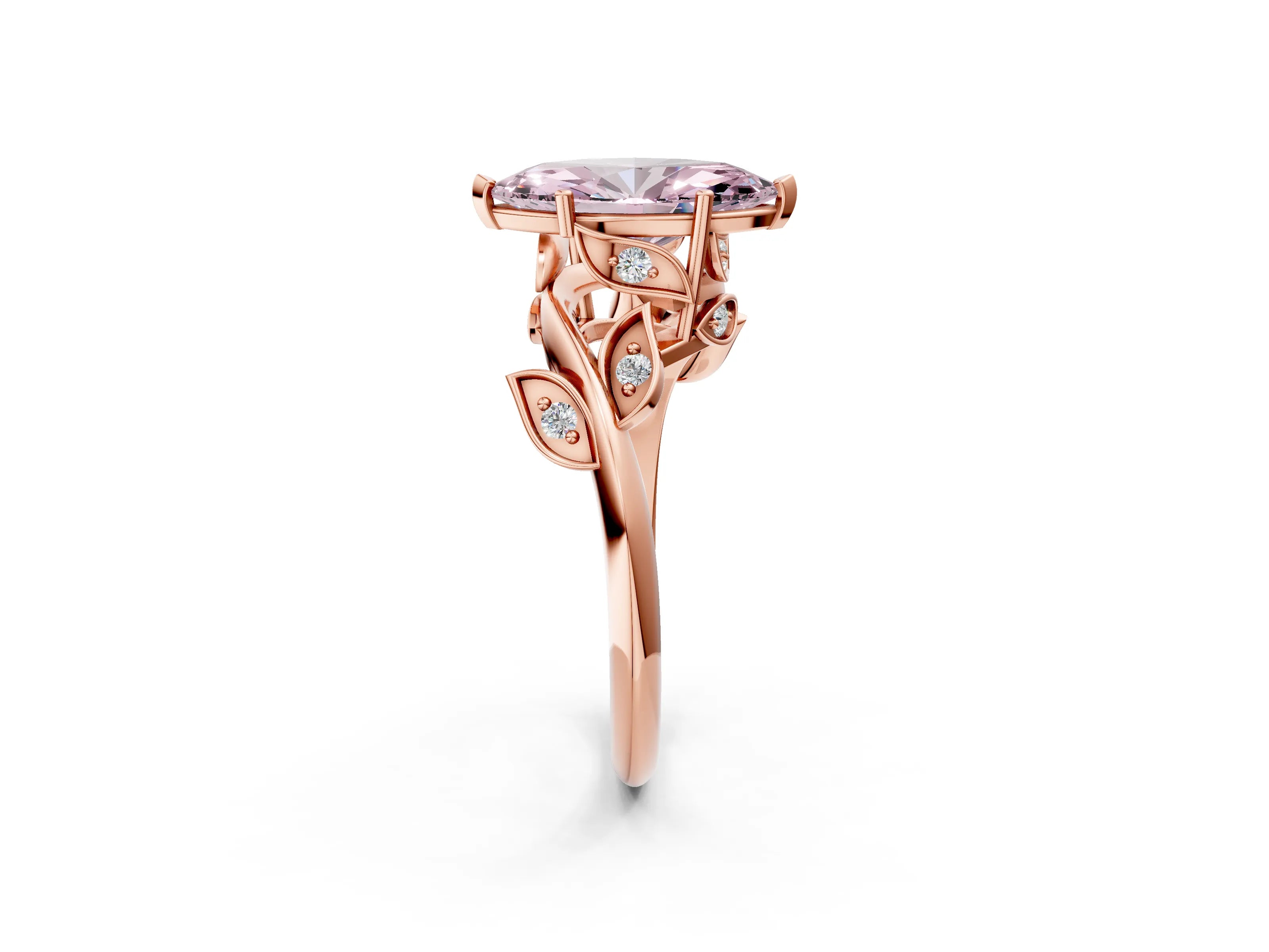 Rose gold Fancy Pink Marquise Cut Solitaire Twist Engagement Ring with Leaf Accents and Prong Setting_14