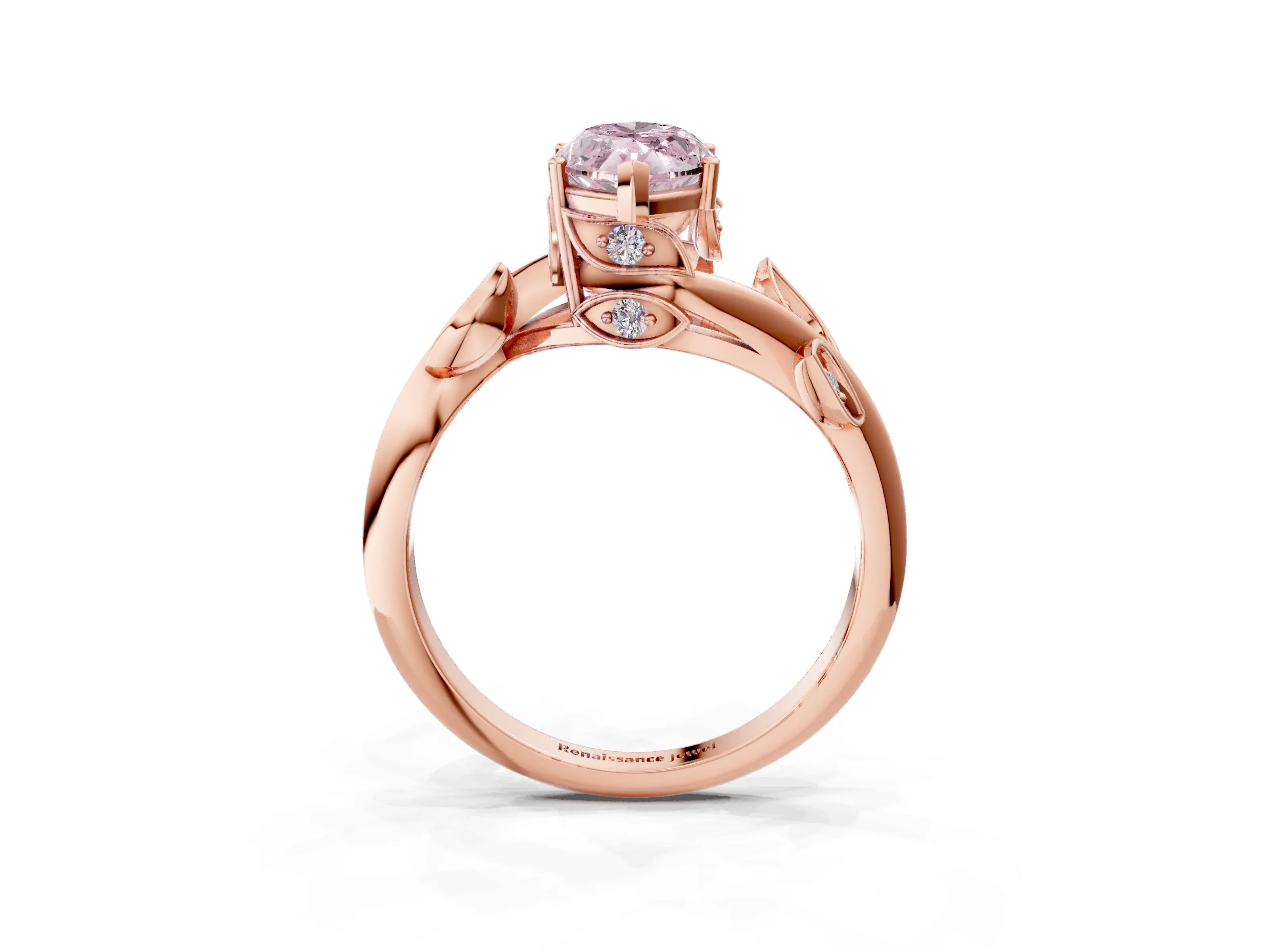 Rose gold Fancy Pink Marquise Cut Solitaire Twist Engagement Ring with Leaf Accents and Prong Setting_3