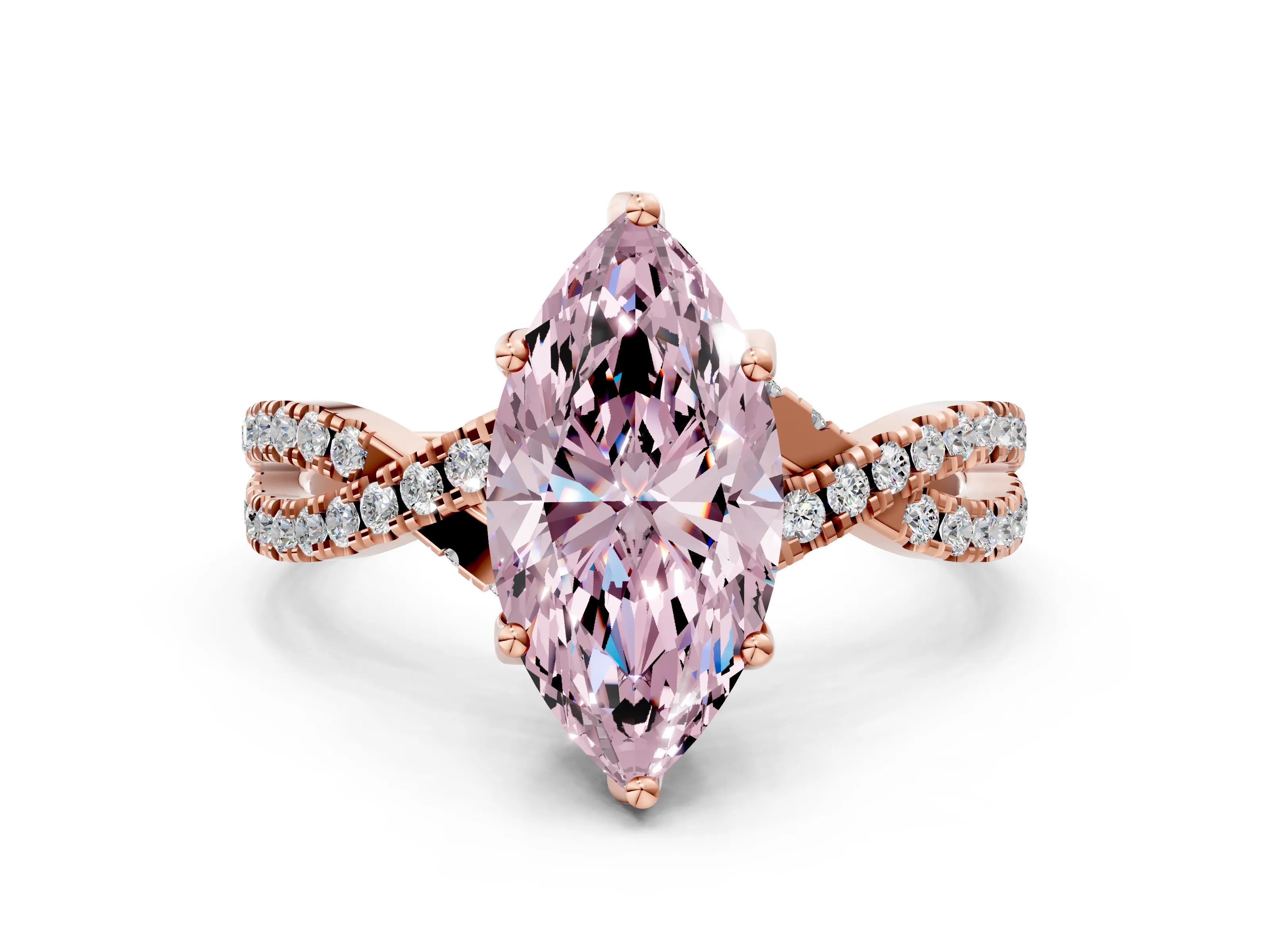 Rose gold Fancy Pink Marquise Cut Solitaire Twist Pave Diamond Engagement Ring with Prong Setting