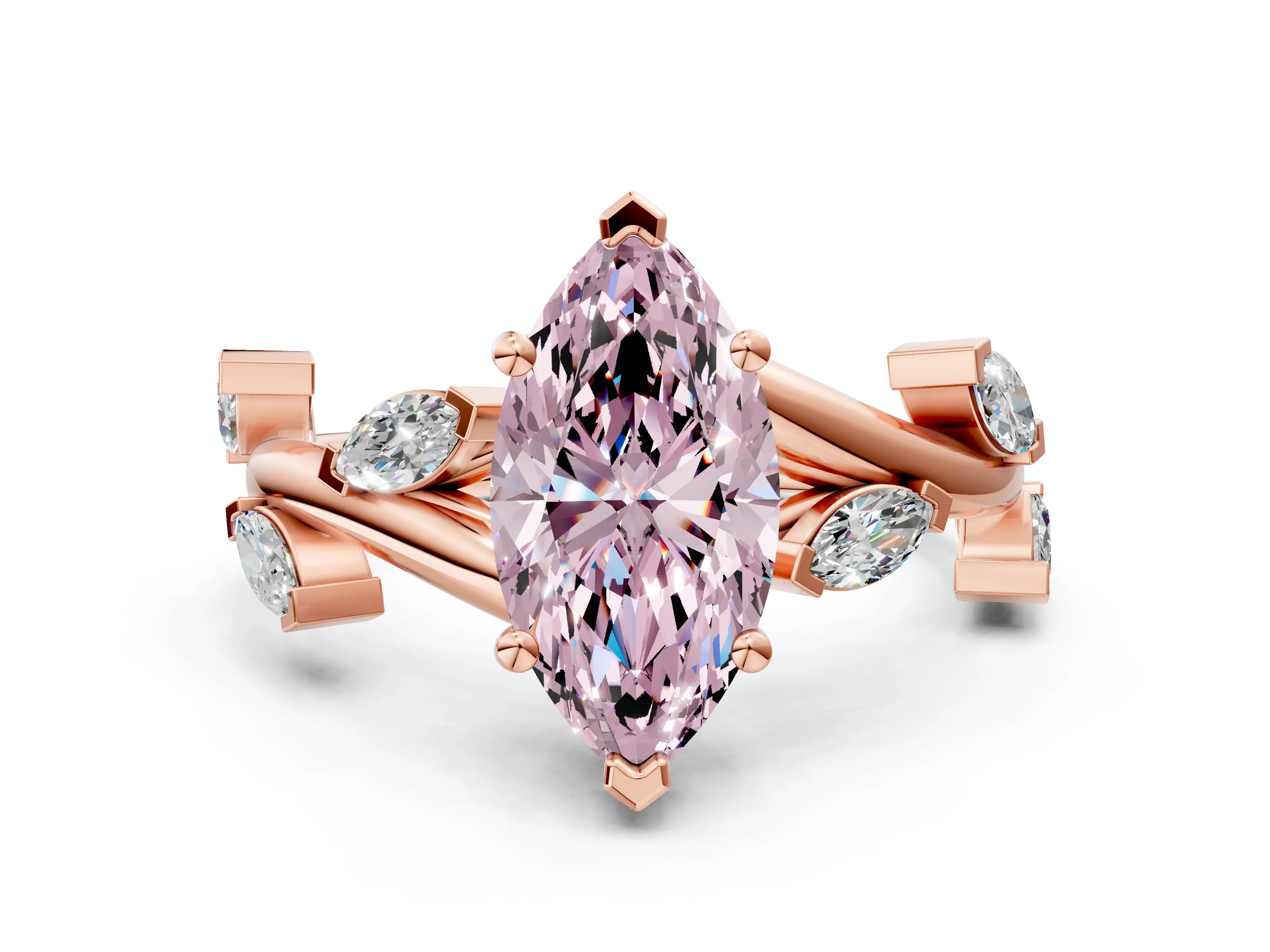 Rose gold Fancy Pink Marquise Cut Solitaire Twisted Band Marquise Accent Prong Setting Ring