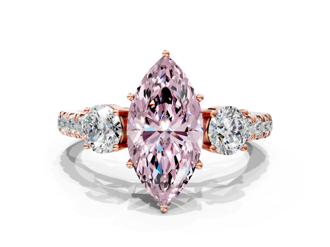 Rose gold Fancy Pink Marquise  Cut Three-Stone Diamond Pave Band with Prong Setting_37