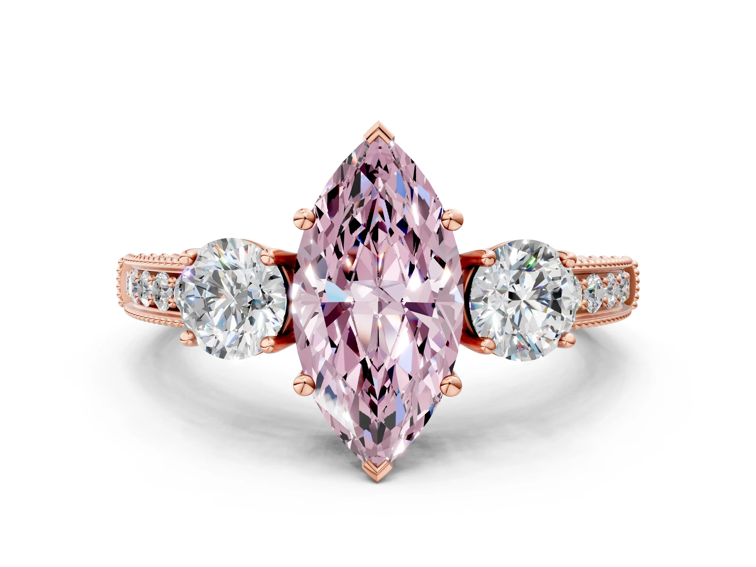 Rose gold Fancy Pink Marquise Cut Three-Stone Diamond Ring with Pavé Band and Four-Prong Setting