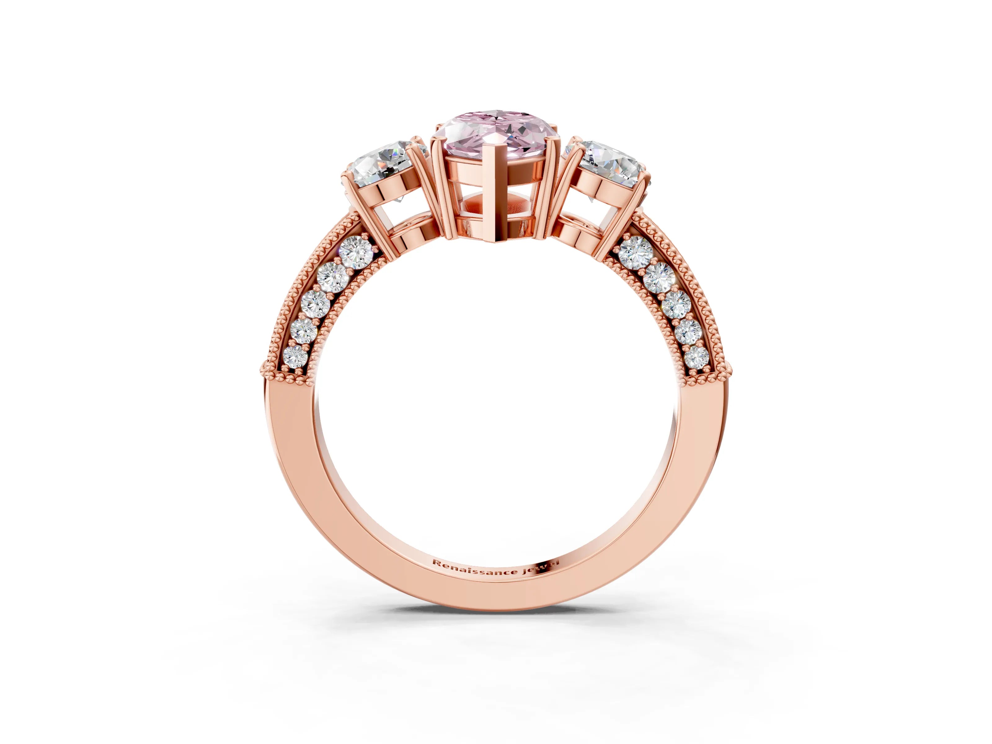 Rose gold Fancy Pink Marquise Cut Three-Stone Diamond Ring with Pavé Band and Four-Prong Setting_3