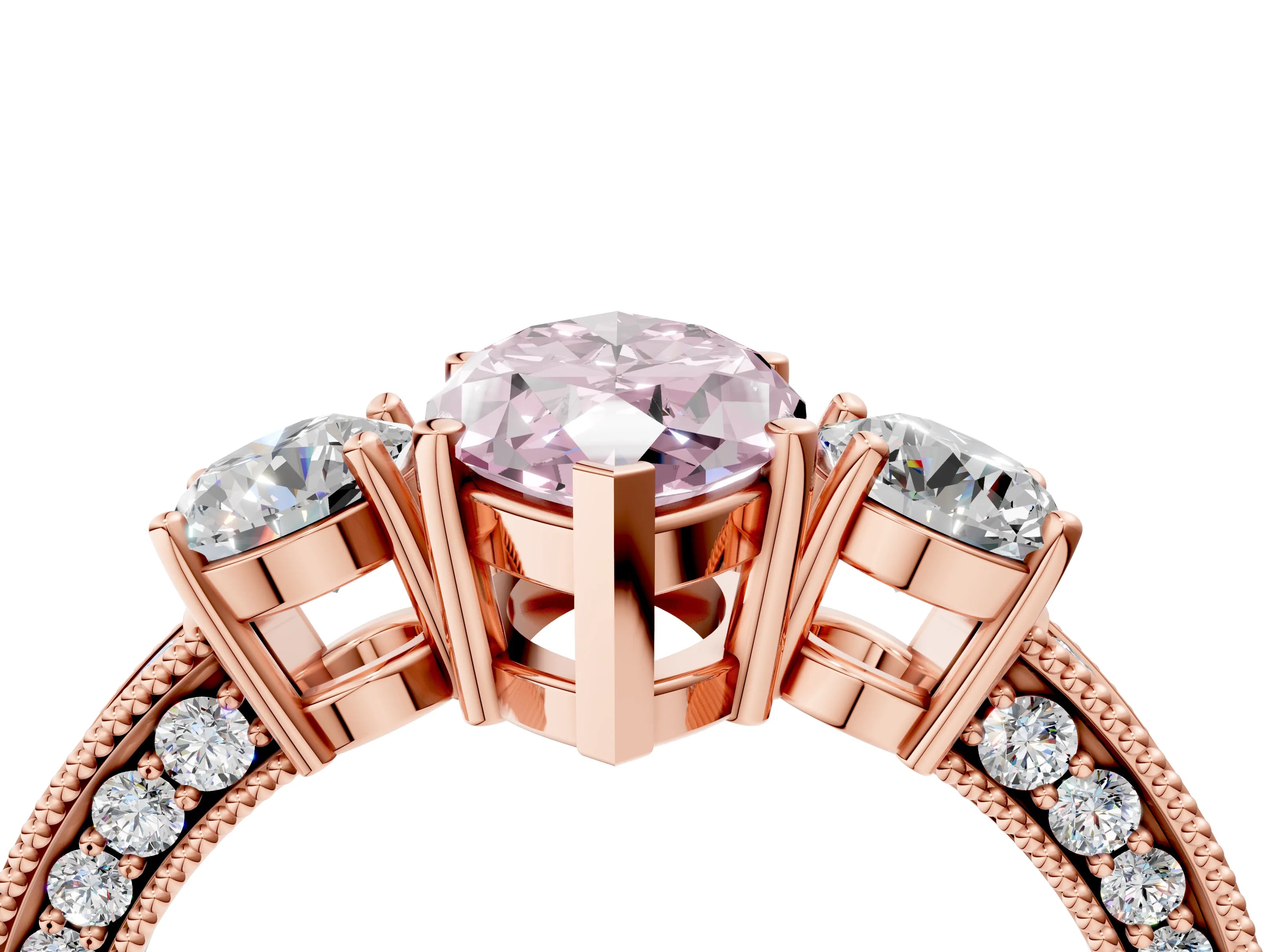 Rose gold Fancy Pink Marquise Cut Three-Stone Diamond Ring with Pavé Band and Four-Prong Setting_4