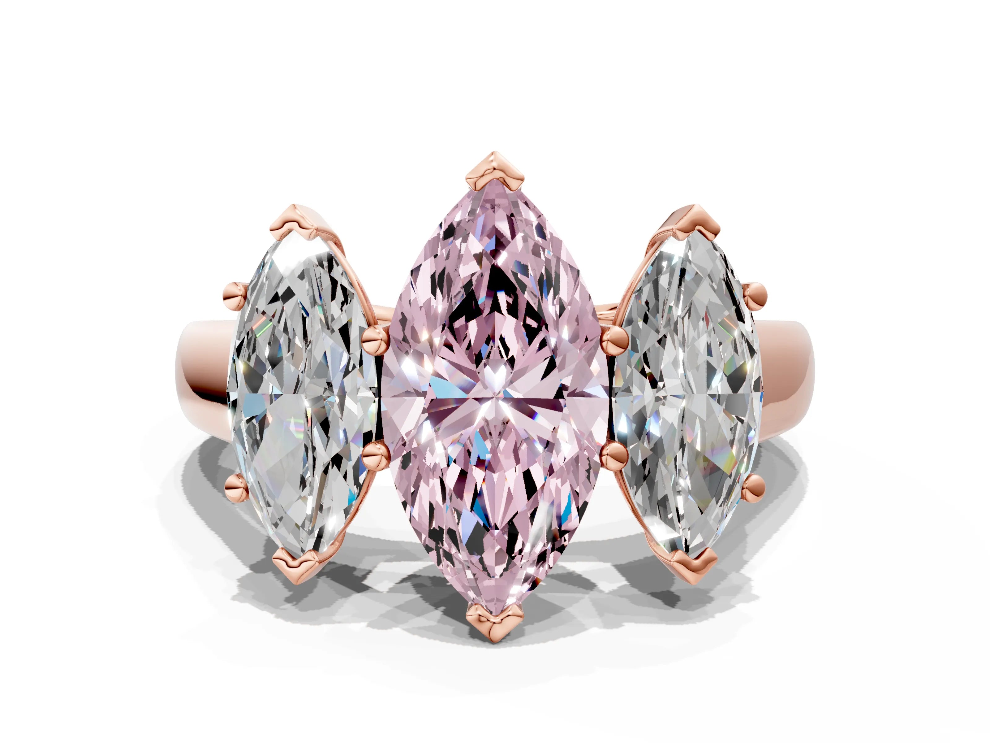 Rose gold Fancy Pink Marquise Cut Three-Stone Diamond Ring with Prong Setting on a Classic Band