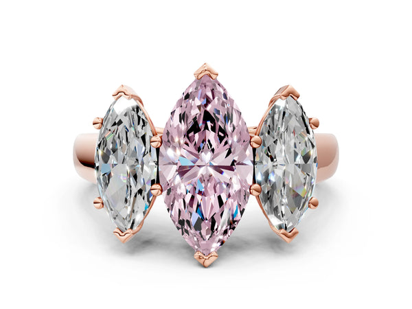 Rose gold Fancy Pink Marquise Cut Three-Stone Diamond Ring with Prong Setting on a Classic Band