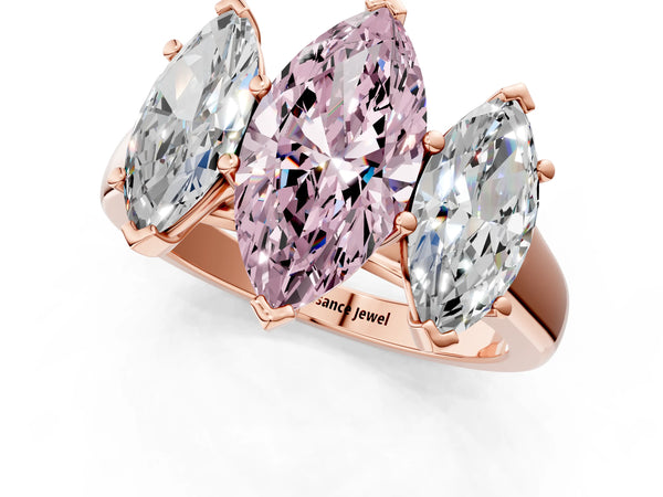 Rose gold Fancy Pink Marquise Cut Three-Stone Diamond Ring with Prong Setting on a Classic Band