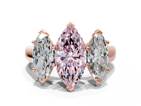 Rose gold Fancy Pink Marquise Cut Three-Stone Diamond Ring with Prong Setting on a Classic Band