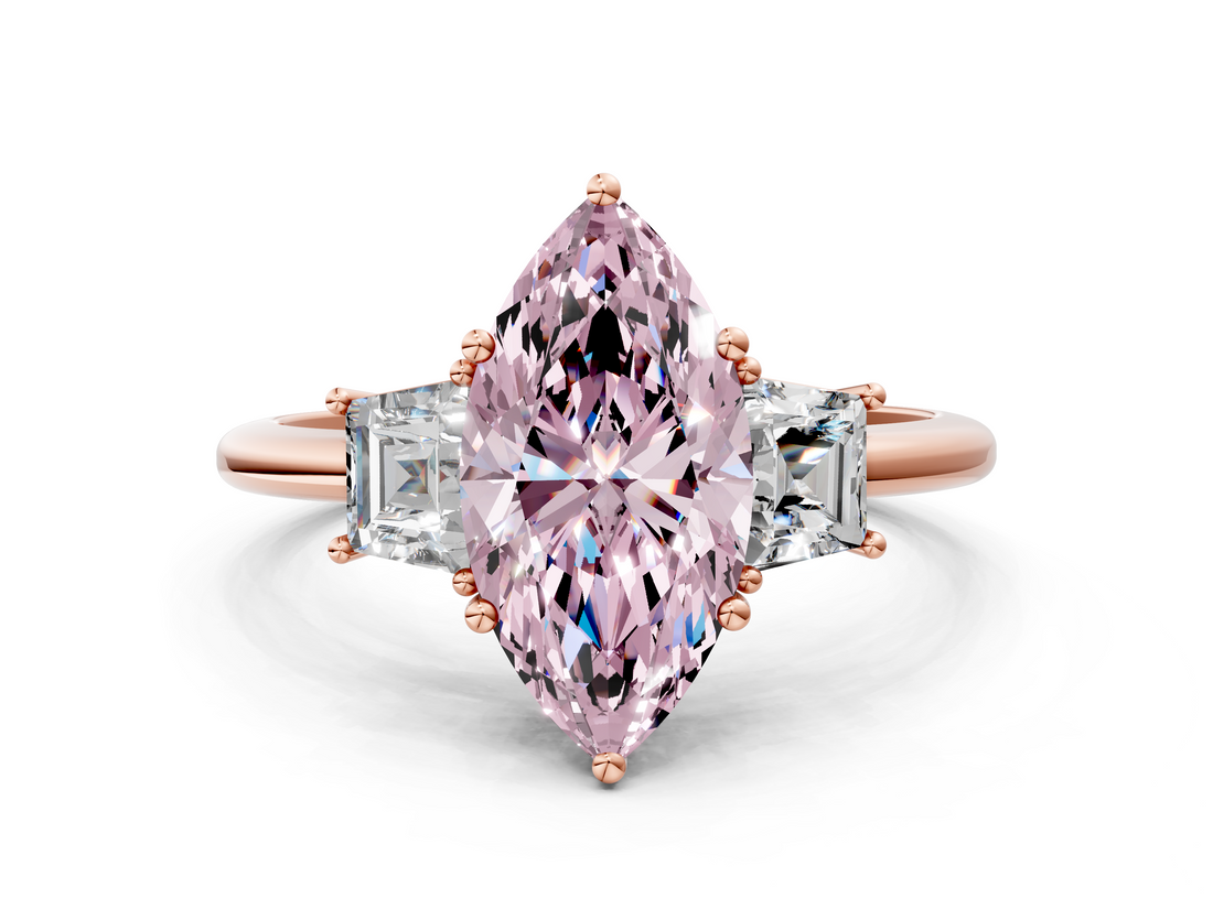 Rose gold Fancy Pink Marquise  Diamond Three-Stone Ring with Trapezoid Side Stones and Prong Setting_17