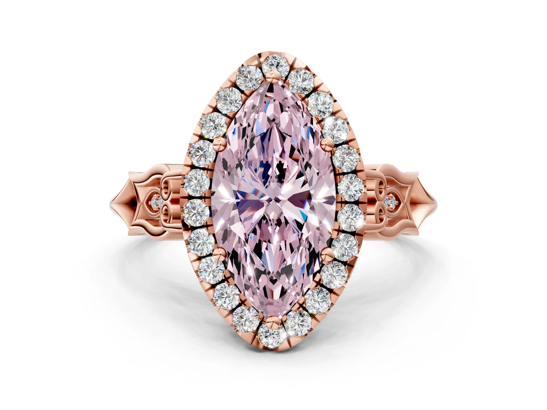 Rose gold Fancy Pink Marquise  Halo Diamond Engagement Ring with Filigree Band and Four-Prong Setting_81