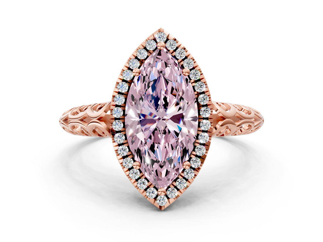 Rose gold Fancy Pink Marquise  Halo Diamond Engagement Ring with Intricate Filigree Band and Four-Prong Setting_36