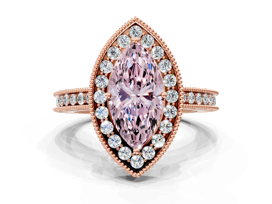 Rose gold Fancy Pink Marquise  Halo Diamond Engagement Ring with Milgrain Pave Band and Four-Prong Setting_123