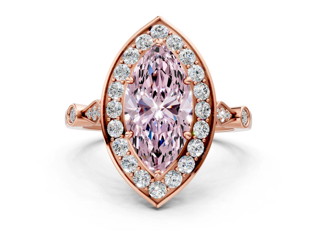 Rose gold Fancy Pink Marquise  Halo Diamond Engagement Ring with Twisted Band and Four-Prong Setting