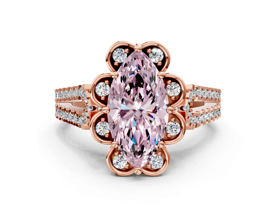 Rose gold Fancy Pink Marquise  Halo Diamond Floral Split Shank Engagement Ring 2