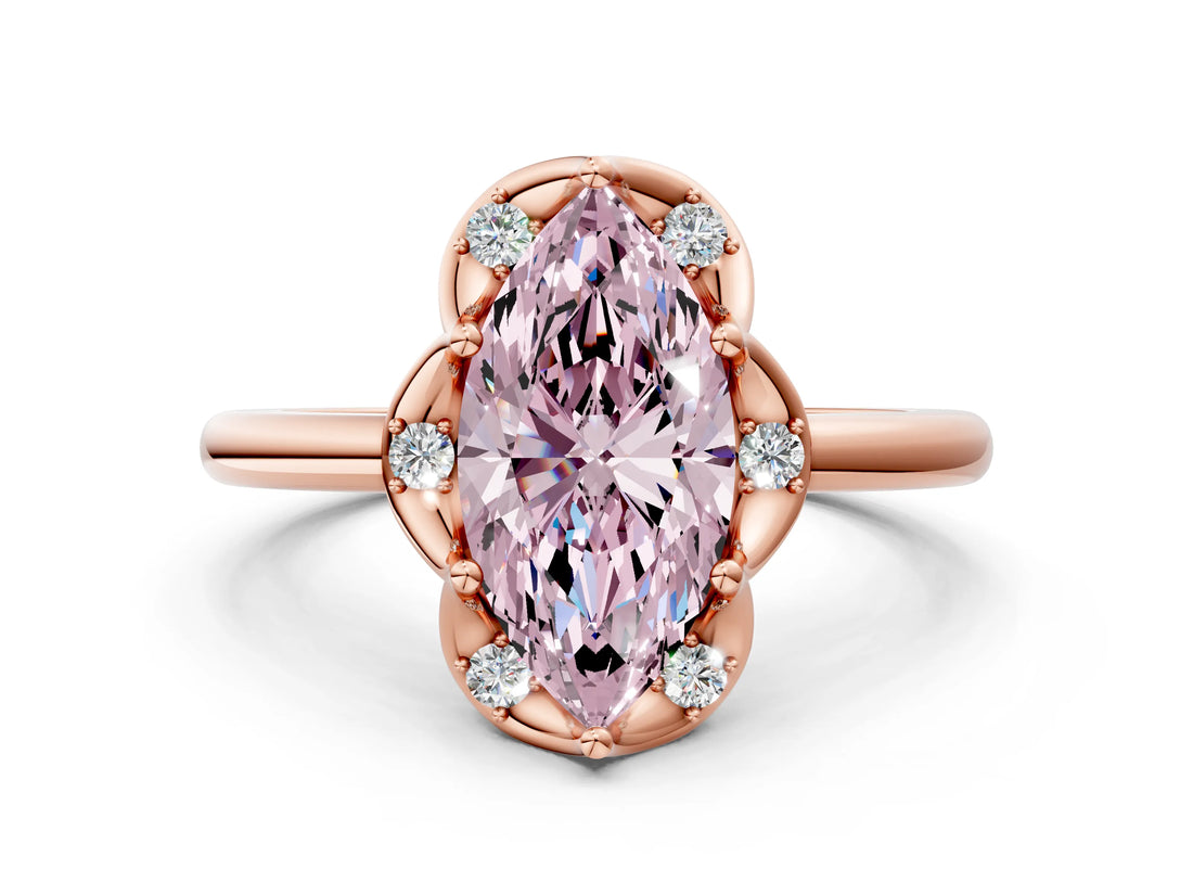 Rose gold Fancy Pink Marquise  Halo Diamond Ring with Round Cluster Setting, Solitaire Band, and Four-Prong Setting_49