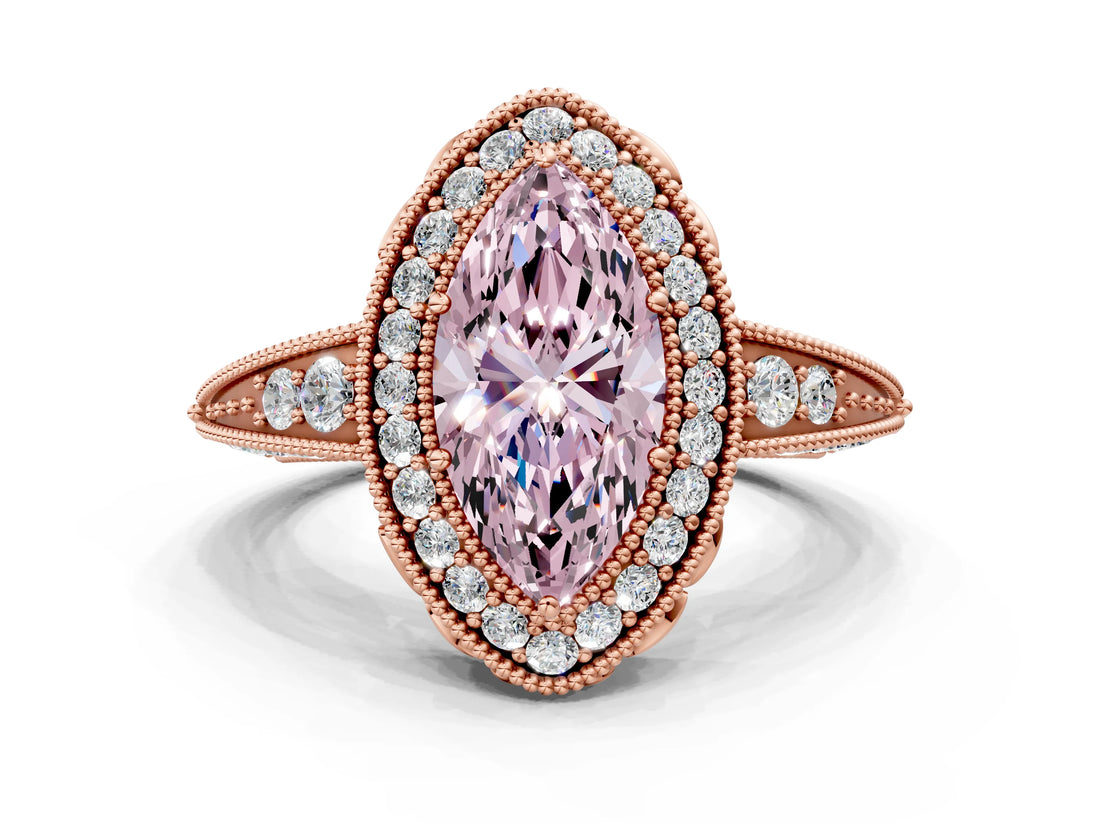 Rose gold Fancy Pink Marquise  Halo Diamond Split Shank Ring with Milgrain Detail_48