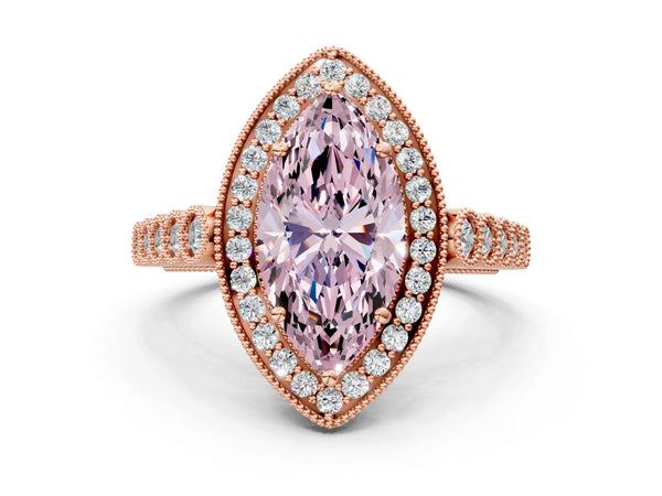 Rose gold Fancy Pink Marquise  Halo Milgrain Solitaire with Bezel Set Side Stones and Pave Band