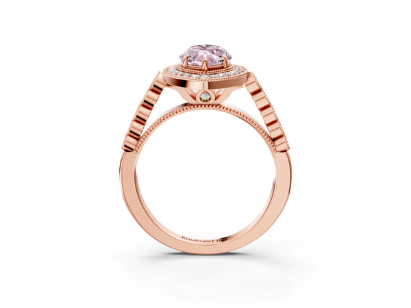 Rose gold Fancy Pink Marquise  Halo Milgrain Solitaire with Bezel Set Side Stones and Pave Band
