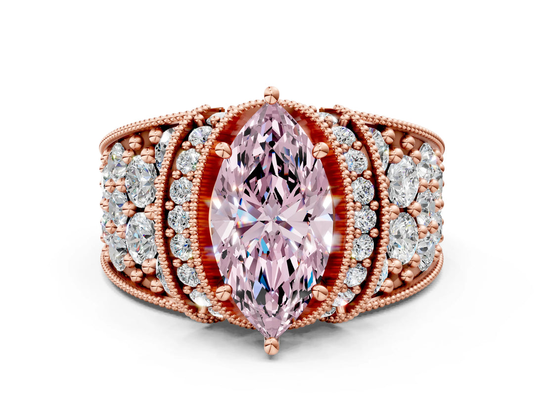 Rose gold Fancy Pink Marquise  Halo Pave Diamond Engagement Ring with Milgrain Detailing_49