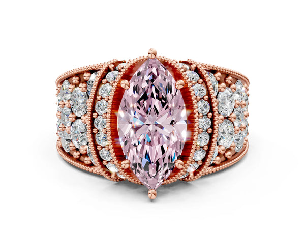 Rose gold Fancy Pink Marquise  Halo Pave Diamond Engagement Ring with Milgrain Detailing