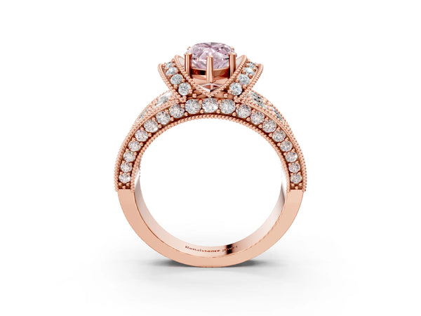 Rose gold Fancy Pink Marquise  Halo Pave Diamond Engagement Ring with Milgrain Detailing