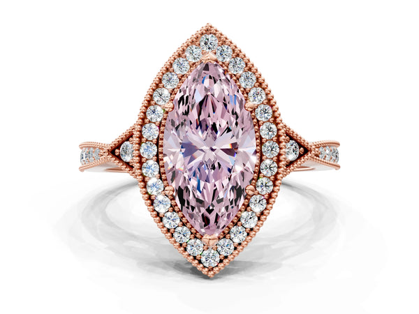 Rose gold Fancy Pink Marquise  Halo Round Diamond Milgrain Pave Engagement Ring