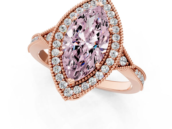 Rose gold Fancy Pink Marquise  Halo Round Diamond Milgrain Pave Engagement Ring