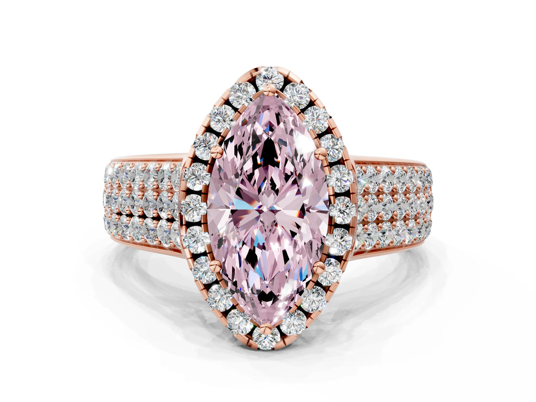 Rose gold Fancy Pink Marquise  Halo Round Diamond Pave Band with Prong Setting