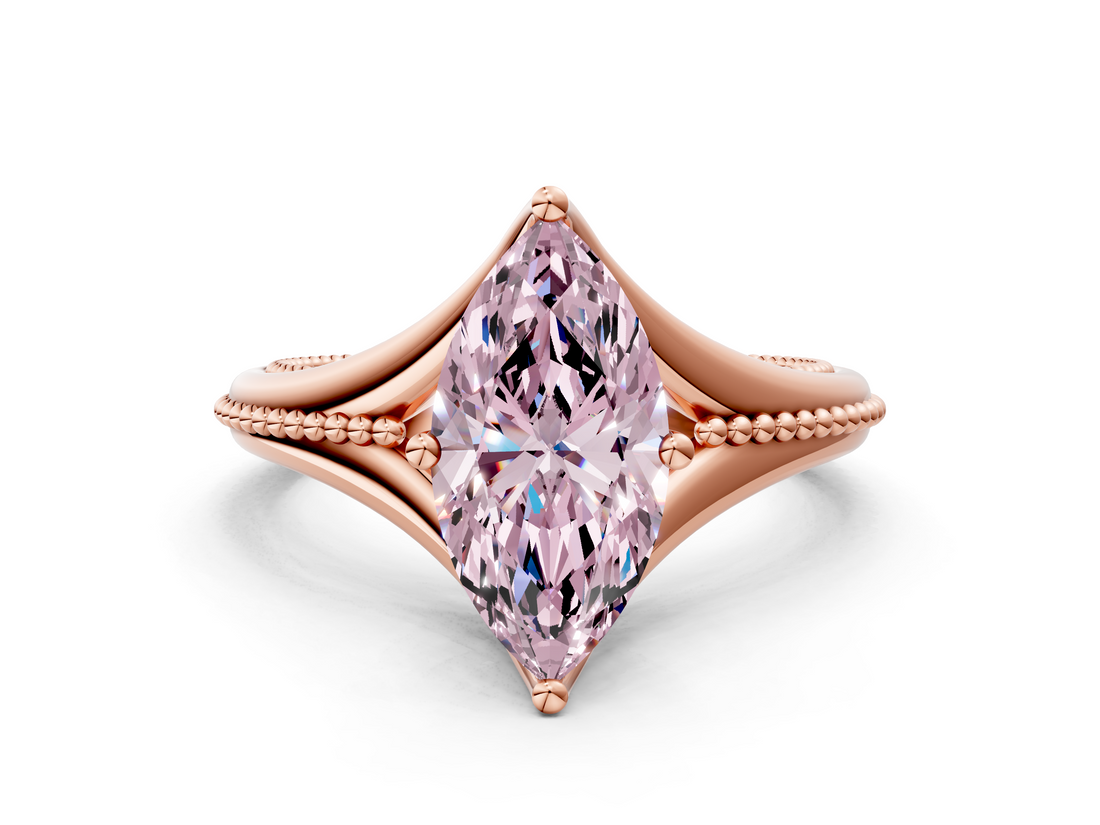 Rose gold Fancy Pink Marquise  Solitaire Beaded Band Six-Prong Setting