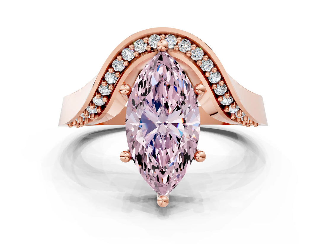 Rose gold Fancy Pink Marquise  Solitaire Diamond Engagement Ring with Pave Band and Four-Prong Setting