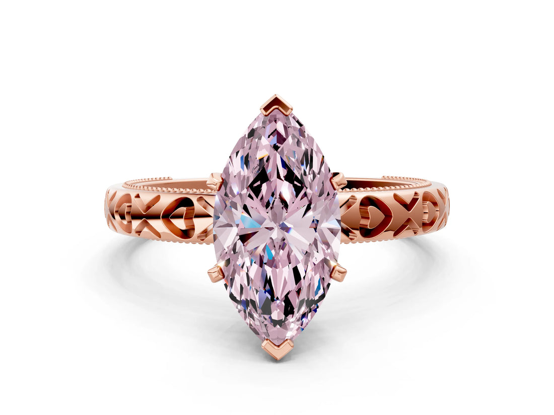 Rose gold Fancy Pink Marquise  Solitaire Diamond Engagement Ring with XO Engraved Band and Four-Prong Setting 1