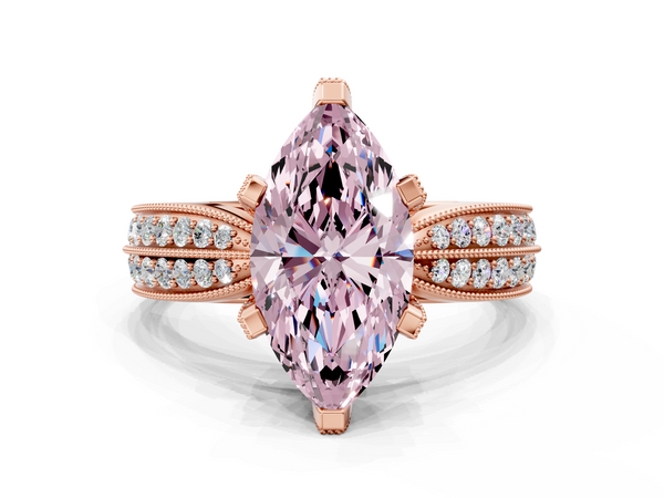 Rose gold Fancy Pink Marquise  Solitaire Diamond Ring with Milgrain Pavé Band and Four-Prong Setting