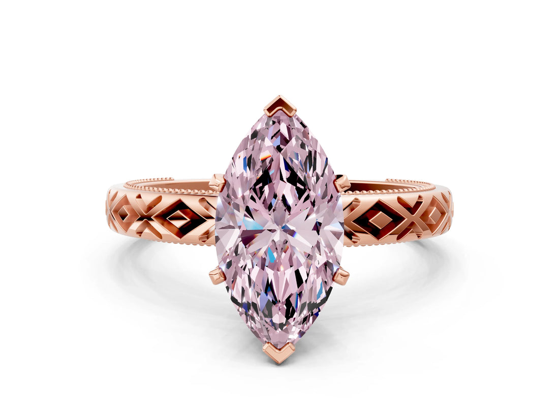 Rose gold Fancy Pink Marquise  Solitaire Diamond Ring with Milgrain and Black Enamel X Pattern Band_97