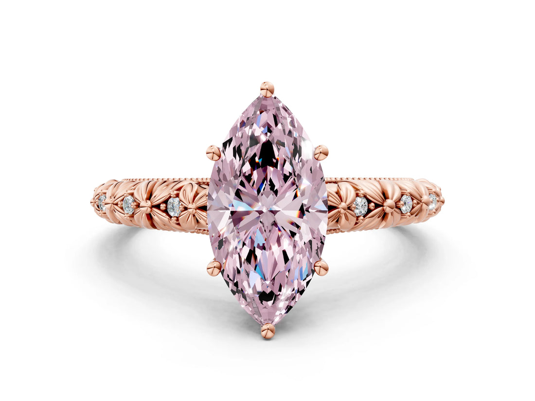 Rose gold Fancy Pink Marquise  Solitaire Floral Milgrain Engagement Ring_48